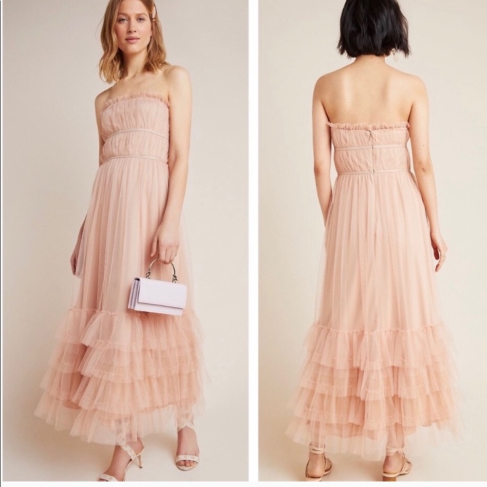 Anthropologie Strapless Blush Pink Tulle Maxi Dress